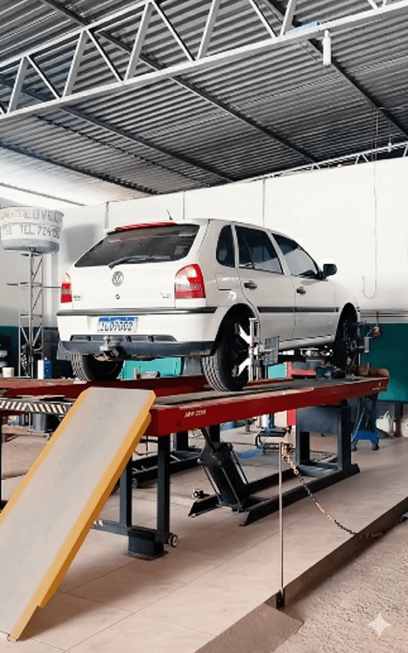 Centro automotivo com carro no elevador